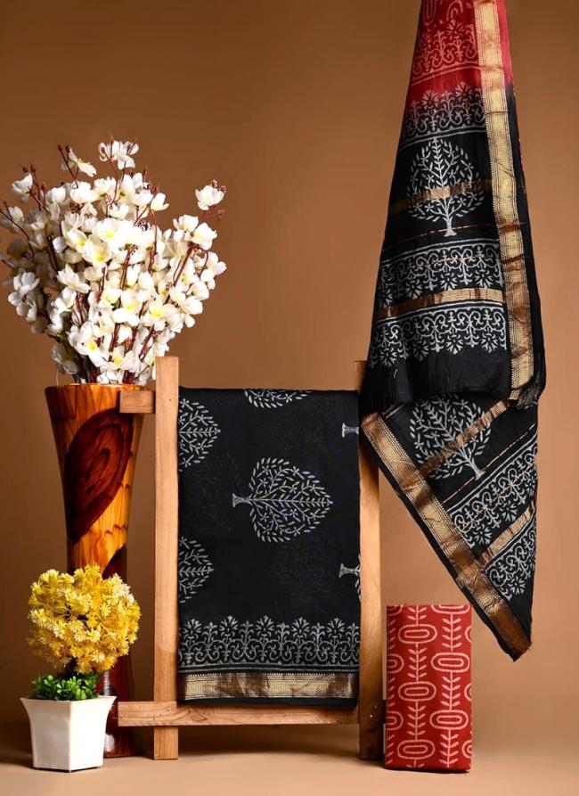 Maheshwari Silk Black Festival Wear Block Printed Dress Material